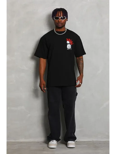 Erkek Kısa Kol Yazlık Tişört Bisiklet Yaka Baskılı Oversize T-shirt - Siyah