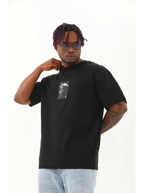Erkek Kısa Kol Yazlık Tişört Bisiklet Yaka Baskılı Oversize T-shirt - Siyah