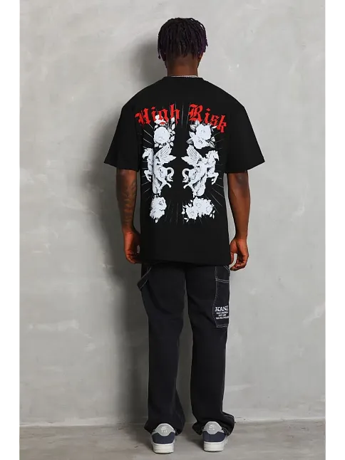 Erkek Kısa Kol Yazlık Tişört Bisiklet Yaka Baskılı Oversize T-shirt - Siyah