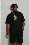 Erkek Baskılı Tişört Kısa Kol Bisiklet Yaka Oversize T-shirt - Siyah