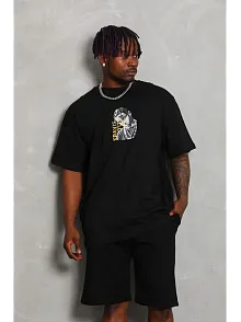 Erkek Baskılı Tişört Kısa Kol Bisiklet Yaka Oversize T-shirt - Siyah