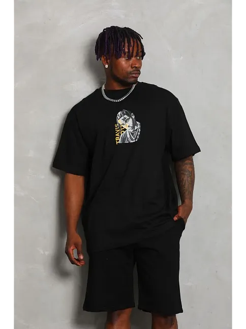 Erkek Baskılı Tişört Kısa Kol Bisiklet Yaka Oversize T-shirt - Siyah