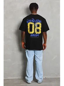 Erkek Baskılı Tişört Kısa Kol Bisiklet Yaka Oversize T-shirt - Siyah