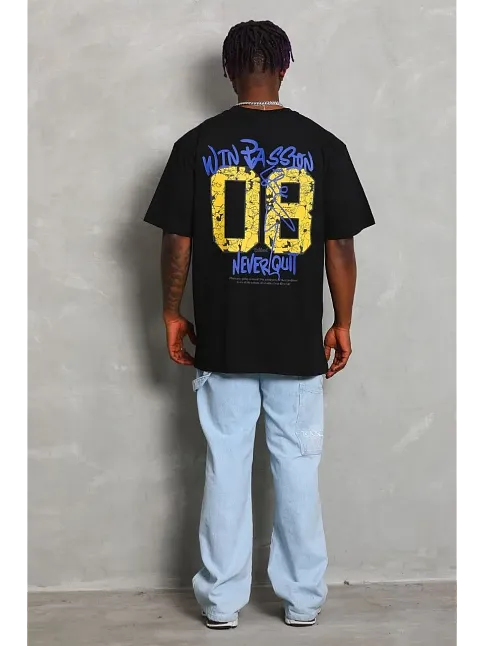 Erkek Baskılı Tişört Kısa Kol Bisiklet Yaka Oversize T-shirt - Siyah