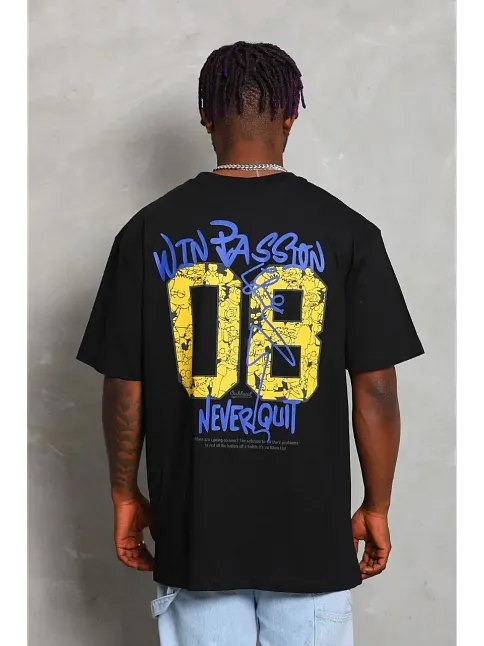 Erkek Baskılı Tişört Kısa Kol Bisiklet Yaka Oversize T-shirt - Siyah