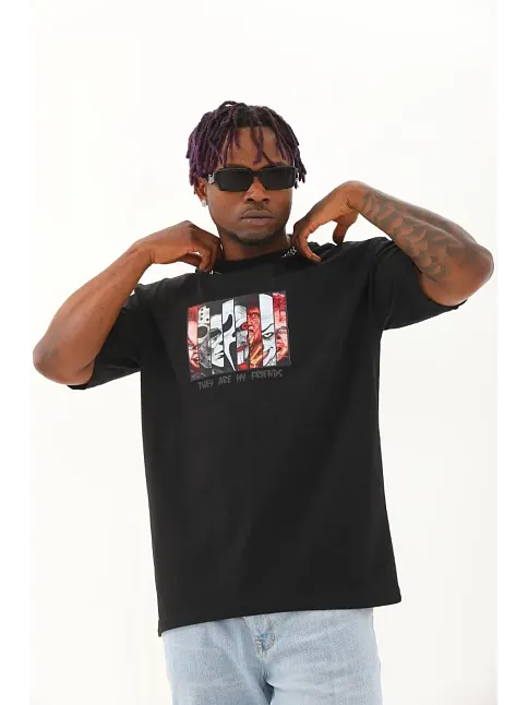 Erkek Baskılı T-shirt Kısa Kol Bisiklet Yaka Regular Fit Rahat Kalıp Günlük Tişört - Siyah