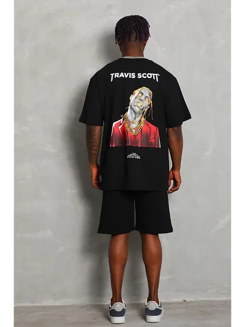 Erkek Baskılı Tişört Kısa Kol Bisiklet Yaka Oversize T-shirt - Siyah