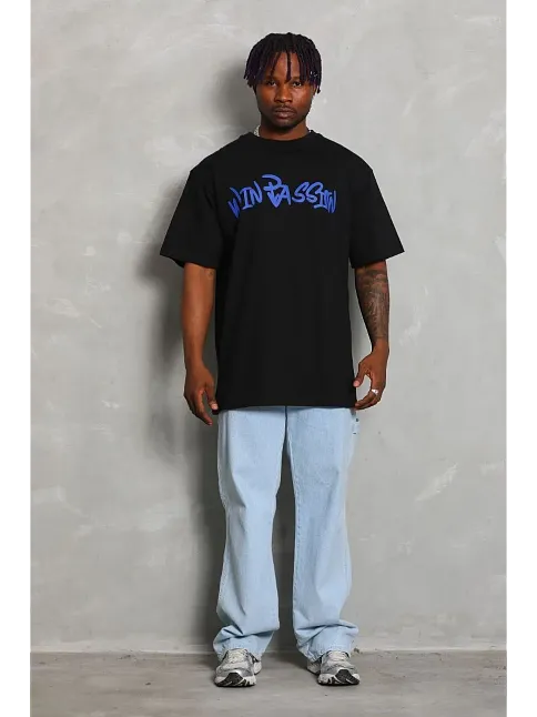 Erkek Baskılı Tişört Kısa Kol Bisiklet Yaka Oversize T-shirt - Siyah