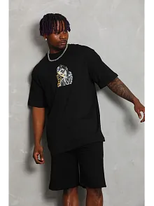 Erkek Baskılı Tişört Kısa Kol Bisiklet Yaka Oversize T-shirt - Siyah