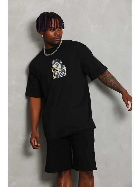 Erkek Baskılı Tişört Kısa Kol Bisiklet Yaka Oversize T-shirt - Siyah