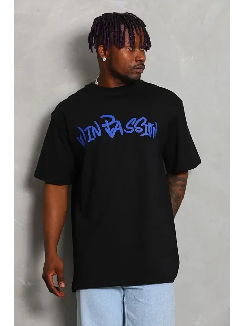 Erkek Baskılı Tişört Kısa Kol Bisiklet Yaka Oversize T-shirt - Siyah