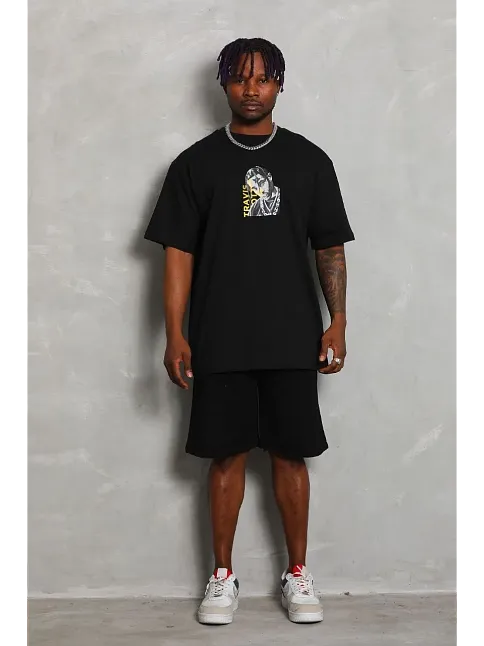 Erkek Baskılı Tişört Kısa Kol Bisiklet Yaka Oversize T-shirt - Siyah