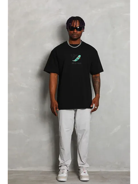 Erkek Baskılı T-shirt Kısa Kol Bisiklet Yaka Rahat Kalıp Tişört - Siyah