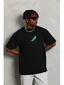 Erkek Baskılı T-shirt Kısa Kol Bisiklet Yaka Rahat Kalıp Tişört - Siyah