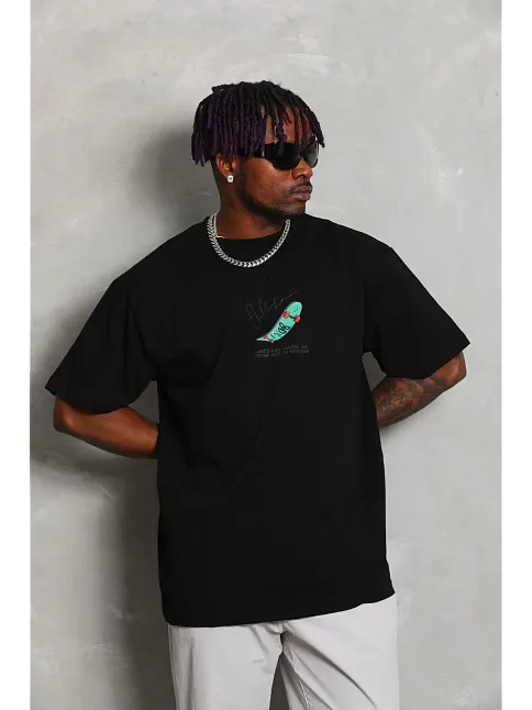 Erkek Baskılı T-shirt Kısa Kol Bisiklet Yaka Rahat Kalıp Tişört - Siyah