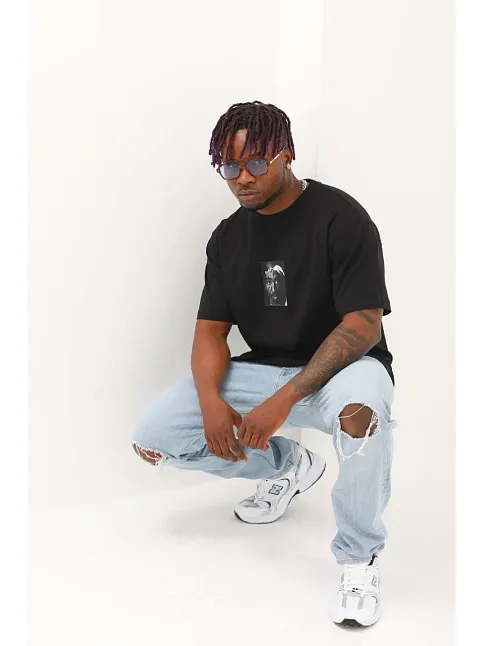 Erkek Kısa Kol Yazlık Tişört Bisiklet Yaka Baskılı Oversize T-shirt - Siyah