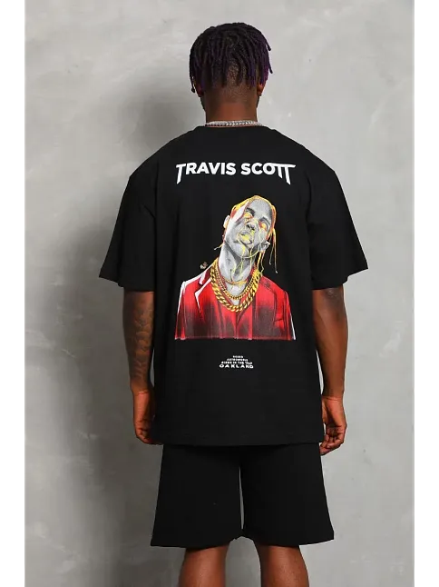 Erkek Baskılı Tişört Kısa Kol Bisiklet Yaka Oversize T-shirt - Siyah