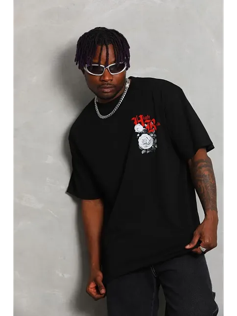 Erkek Kısa Kol Yazlık Tişört Bisiklet Yaka Baskılı Oversize T-shirt - Siyah