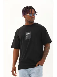 Erkek Kısa Kol Yazlık Tişört Bisiklet Yaka Baskılı Oversize T-shirt - Siyah