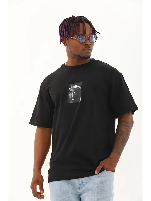 Erkek Kısa Kol Yazlık Tişört Bisiklet Yaka Baskılı Oversize T-shirt - Siyah