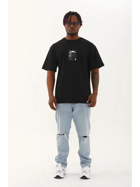 Erkek Kısa Kol Yazlık Tişört Bisiklet Yaka Baskılı Oversize T-shirt - Siyah