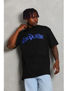 Erkek Baskılı Tişört Kısa Kol Bisiklet Yaka Oversize T-shirt - Siyah