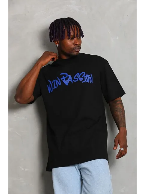 Erkek Baskılı Tişört Kısa Kol Bisiklet Yaka Oversize T-shirt - Siyah