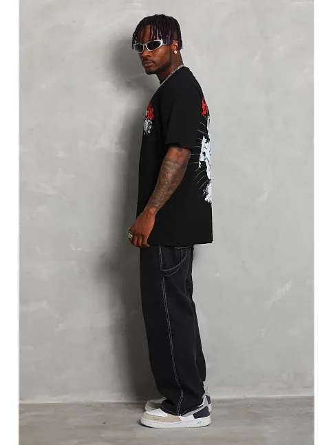 Erkek Kısa Kol Yazlık Tişört Bisiklet Yaka Baskılı Oversize T-shirt - Siyah