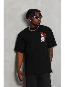 Erkek Kısa Kol Yazlık Tişört Bisiklet Yaka Baskılı Oversize T-shirt - Siyah