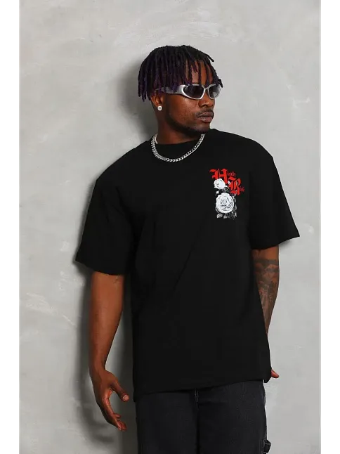 Erkek Kısa Kol Yazlık Tişört Bisiklet Yaka Baskılı Oversize T-shirt - Siyah