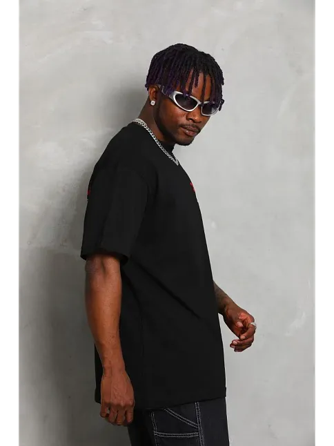 Erkek Kısa Kol Yazlık Tişört Bisiklet Yaka Baskılı Oversize T-shirt - Siyah
