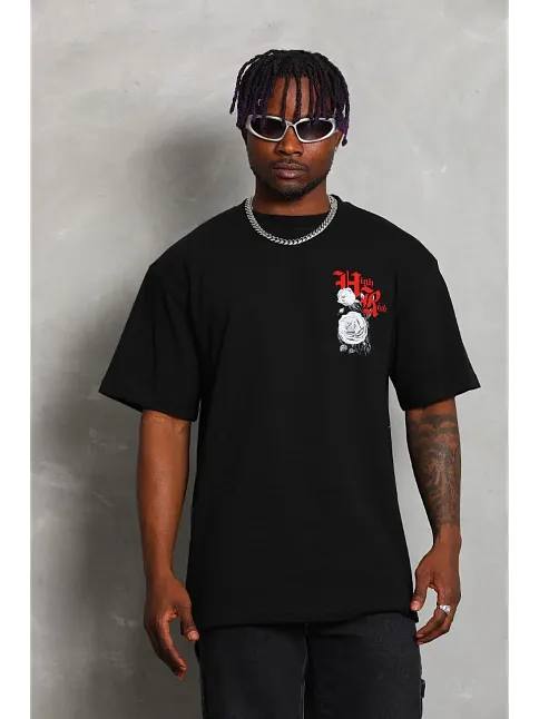 Erkek Kısa Kol Yazlık Tişört Bisiklet Yaka Baskılı Oversize T-shirt - Siyah