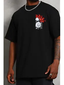 Erkek Kısa Kol Yazlık Tişört Bisiklet Yaka Baskılı Oversize T-shirt - Siyah