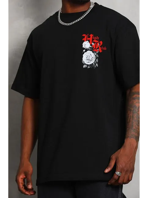 Erkek Kısa Kol Yazlık Tişört Bisiklet Yaka Baskılı Oversize T-shirt - Siyah