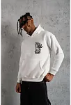 Erkek 3 İplik Pamuklu Kapüşonlu Baskılı Cepli Oversize Sweatshirt Hoodie - Beyaz
