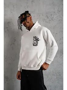 Erkek 3 İplik Pamuklu Kapüşonlu Baskılı Cepli Oversize Sweatshirt Hoodie - Beyaz