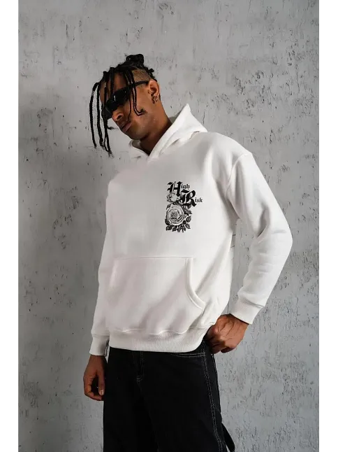 Erkek 3 İplik Pamuklu Kapüşonlu Baskılı Cepli Oversize Sweatshirt Hoodie - Beyaz