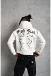Erkek 3 İplik Pamuklu Kapüşonlu Baskılı Cepli Oversize Sweatshirt Hoodie - Beyaz