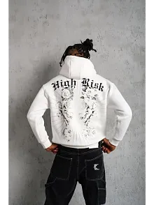 Erkek 3 İplik Pamuklu Kapüşonlu Baskılı Cepli Oversize Sweatshirt Hoodie - Beyaz