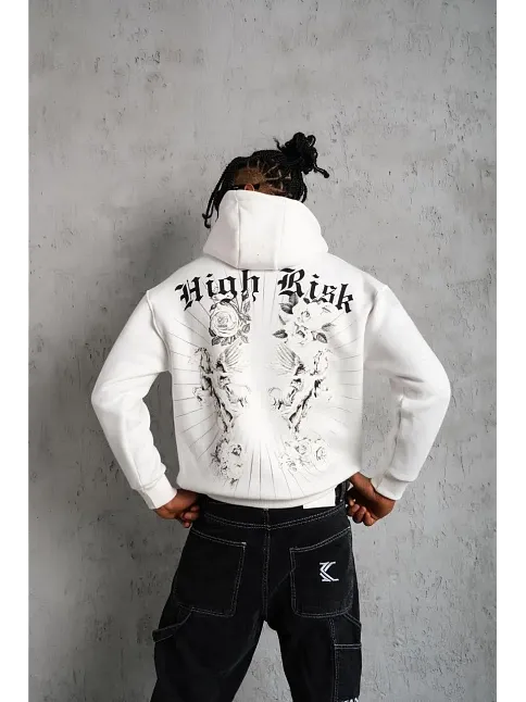 Erkek 3 İplik Pamuklu Kapüşonlu Baskılı Cepli Oversize Sweatshirt Hoodie - Beyaz
