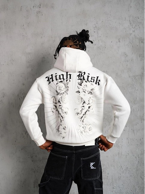 Erkek 3 İplik Pamuklu Kapüşonlu Baskılı Cepli Oversize Sweatshirt Hoodie - Beyaz