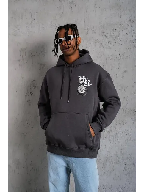 Erkek 3 İplik Pamuklu Kapüşonlu Baskılı Cepli Oversize Sweatshirt Hoodie - Füme