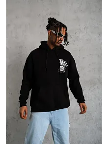 Erkek 3 İplik Pamuklu Kapüşonlu Baskılı Cepli Oversize Sweatshirt Hoodie - Siyah