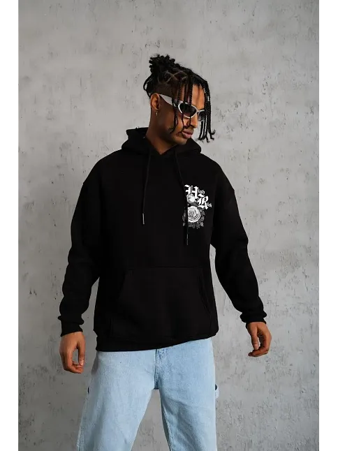 Erkek 3 İplik Pamuklu Kapüşonlu Baskılı Cepli Oversize Sweatshirt Hoodie - Siyah