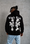 Erkek 3 İplik Pamuklu Kapüşonlu Baskılı Cepli Oversize Sweatshirt Hoodie - Siyah