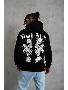 Erkek 3 İplik Pamuklu Kapüşonlu Baskılı Cepli Oversize Sweatshirt Hoodie - Siyah