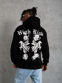 Erkek 3 İplik Pamuklu Kapüşonlu Baskılı Cepli Oversize Sweatshirt Hoodie - Siyah