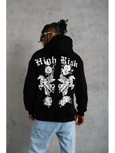 Erkek 3 İplik Pamuklu Kapüşonlu Baskılı Cepli Oversize Sweatshirt Hoodie - Siyah