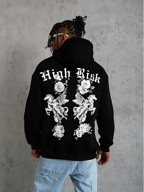 Erkek 3 İplik Pamuklu Kapüşonlu Baskılı Cepli Oversize Sweatshirt Hoodie - Siyah