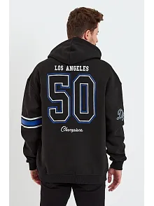 Erkek 3 İplik Pamuklu Kapüşonlu Baskılı Cepli Oversize Sweatshirt Hoodie - Siyah
